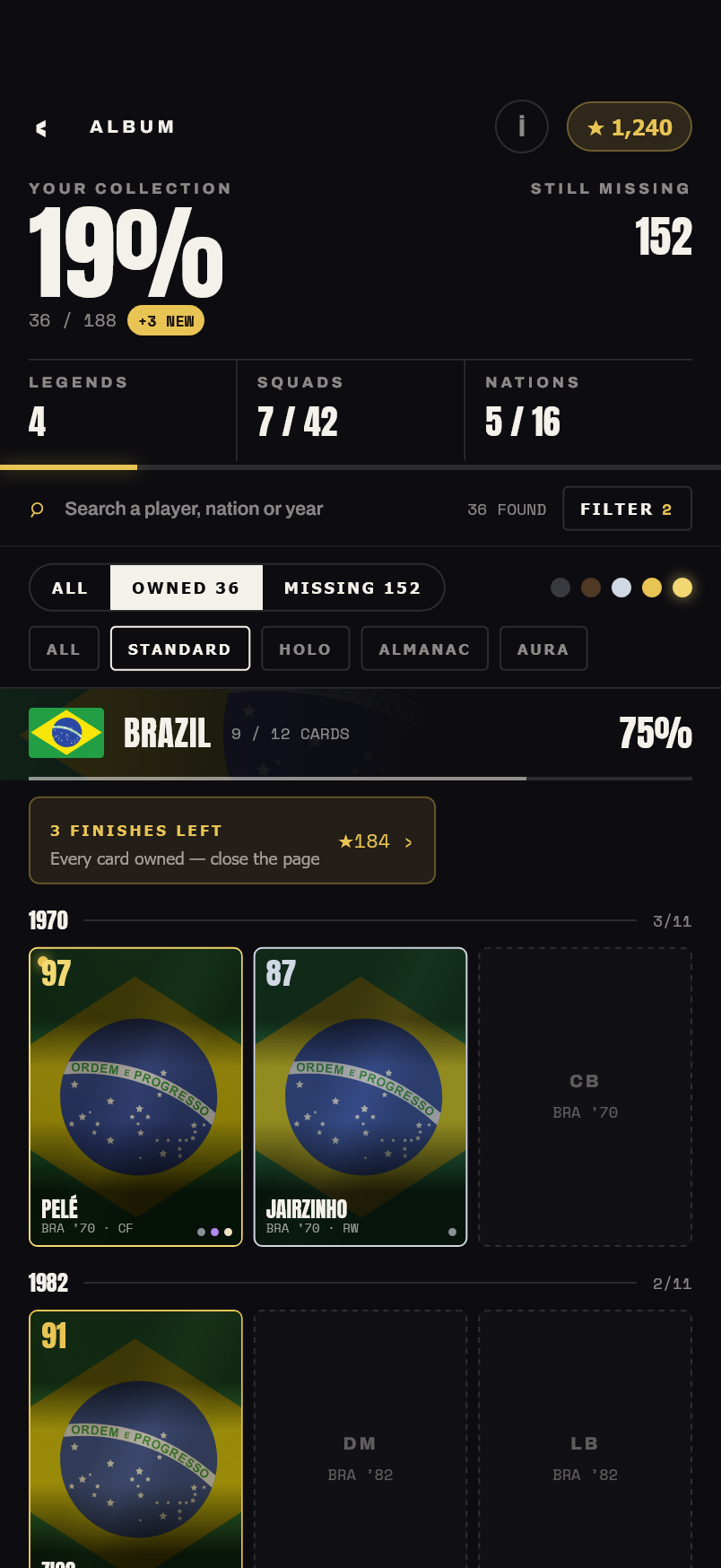 Legacy XI collection album interface mockup showing collected player cards by nation