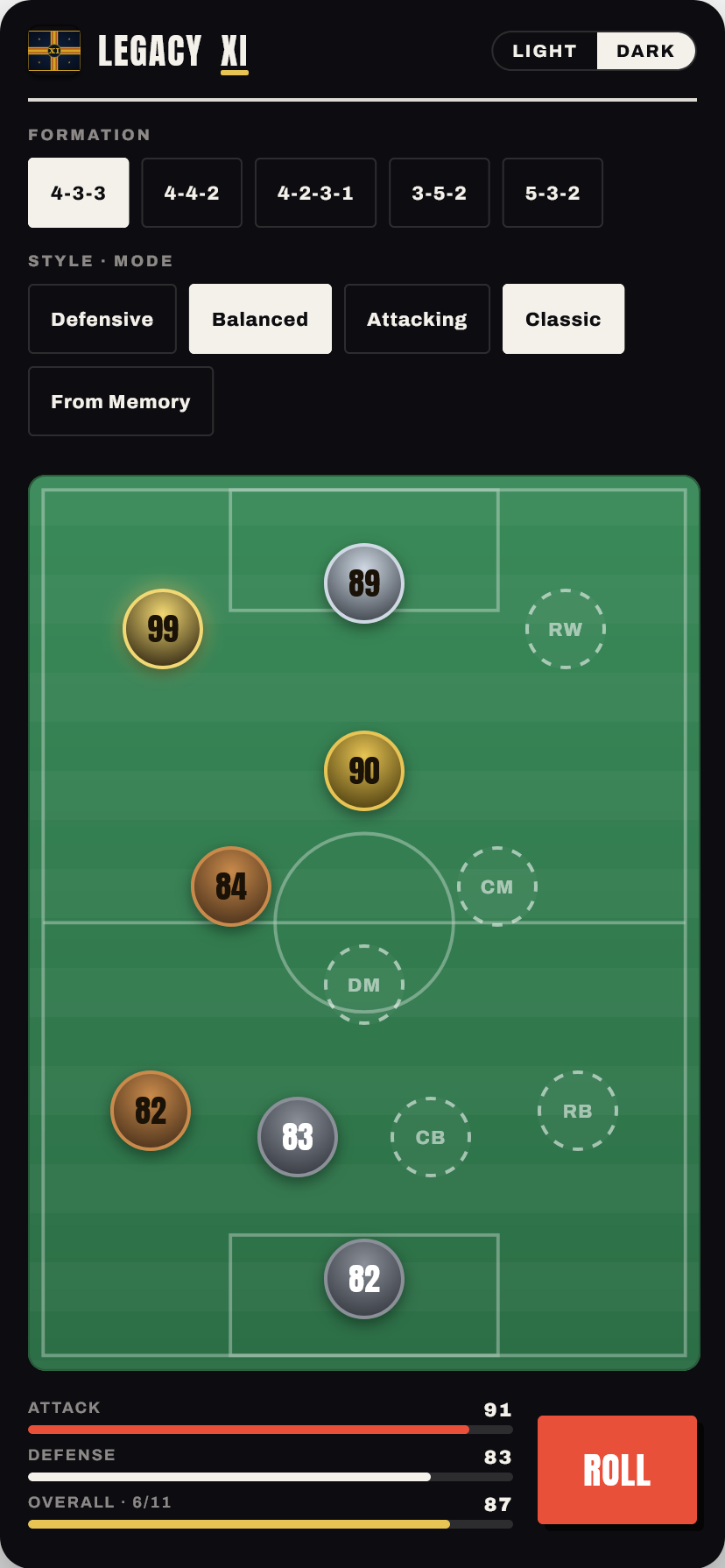 Legacy XI draft board interface mockup showing player selection into a formation
